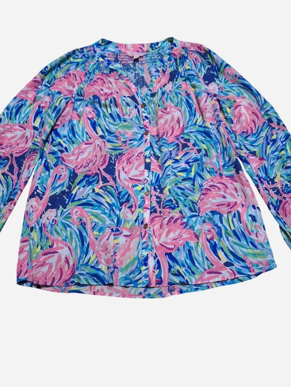 Lilly Pulitzer Elsa Flamingo Womens XS Button Up Top Bright Preppy Beachy Resort